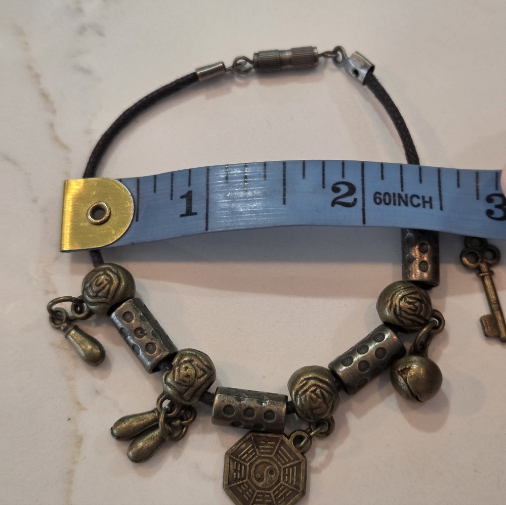 Vintage Chinese Brass Charm Bracelet | Yin Yang Bagua | Lucky Key & Bell - Picture 6 of 8